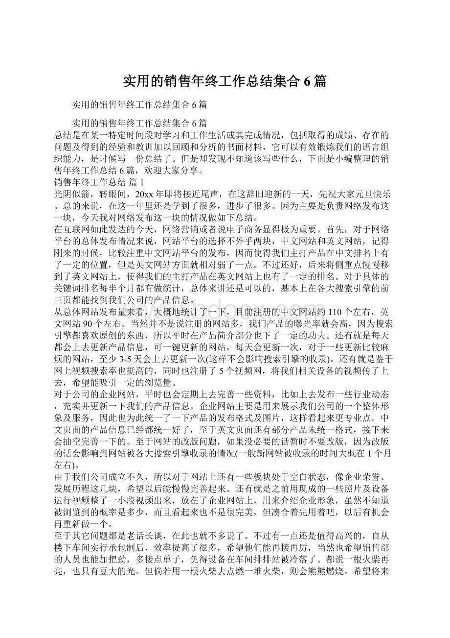 实用的销售年终工作总结集合6篇文档格式.docx