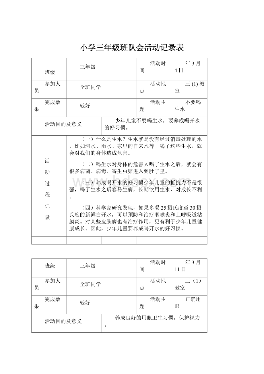 小学三年级班队会活动记录表.docx_第1页