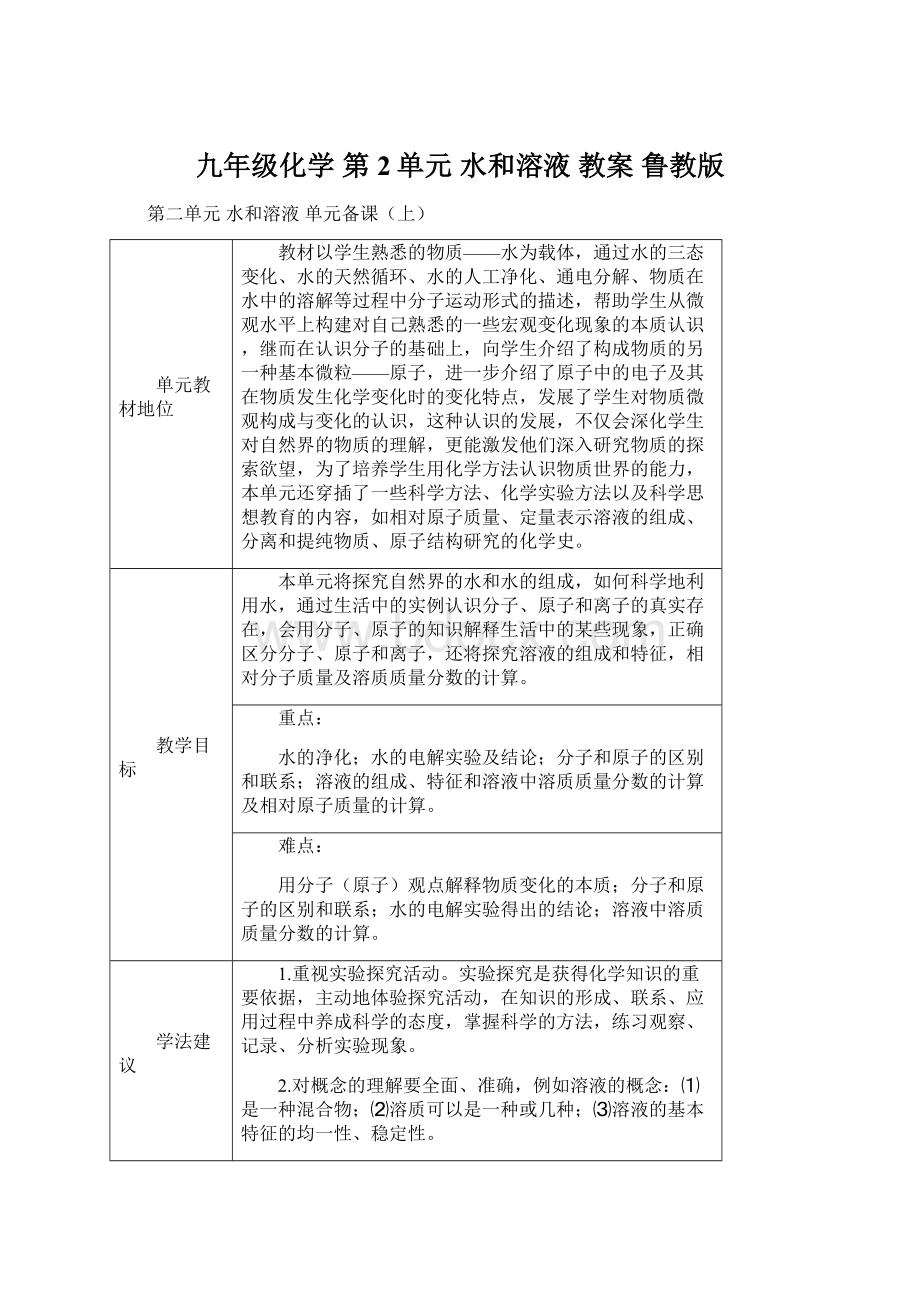 九年级化学 第2单元 水和溶液 教案 鲁教版.docx