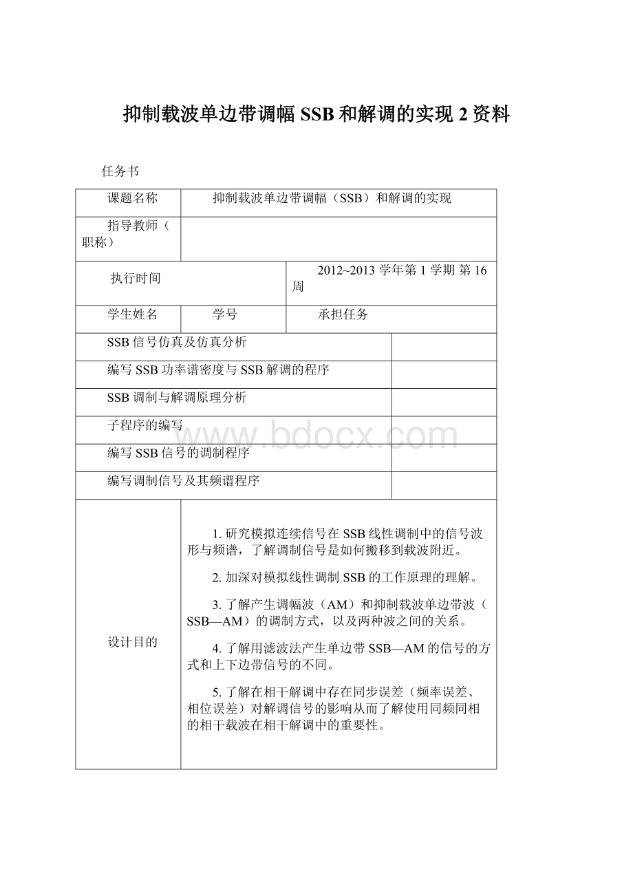 抑制载波单边带调幅SSB和解调的实现 2资料.docx