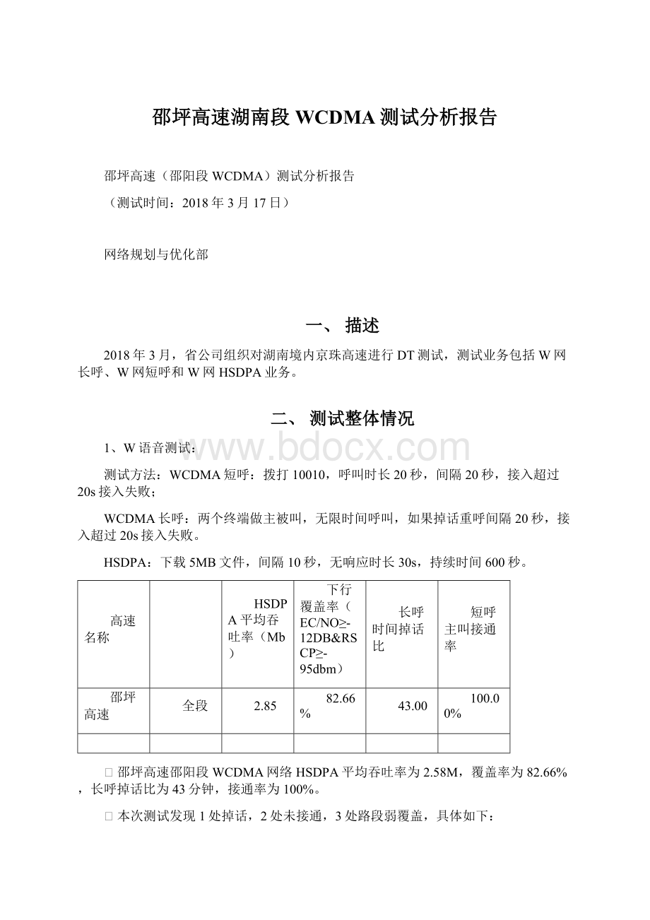 邵坪高速湖南段WCDMA测试分析报告.docx