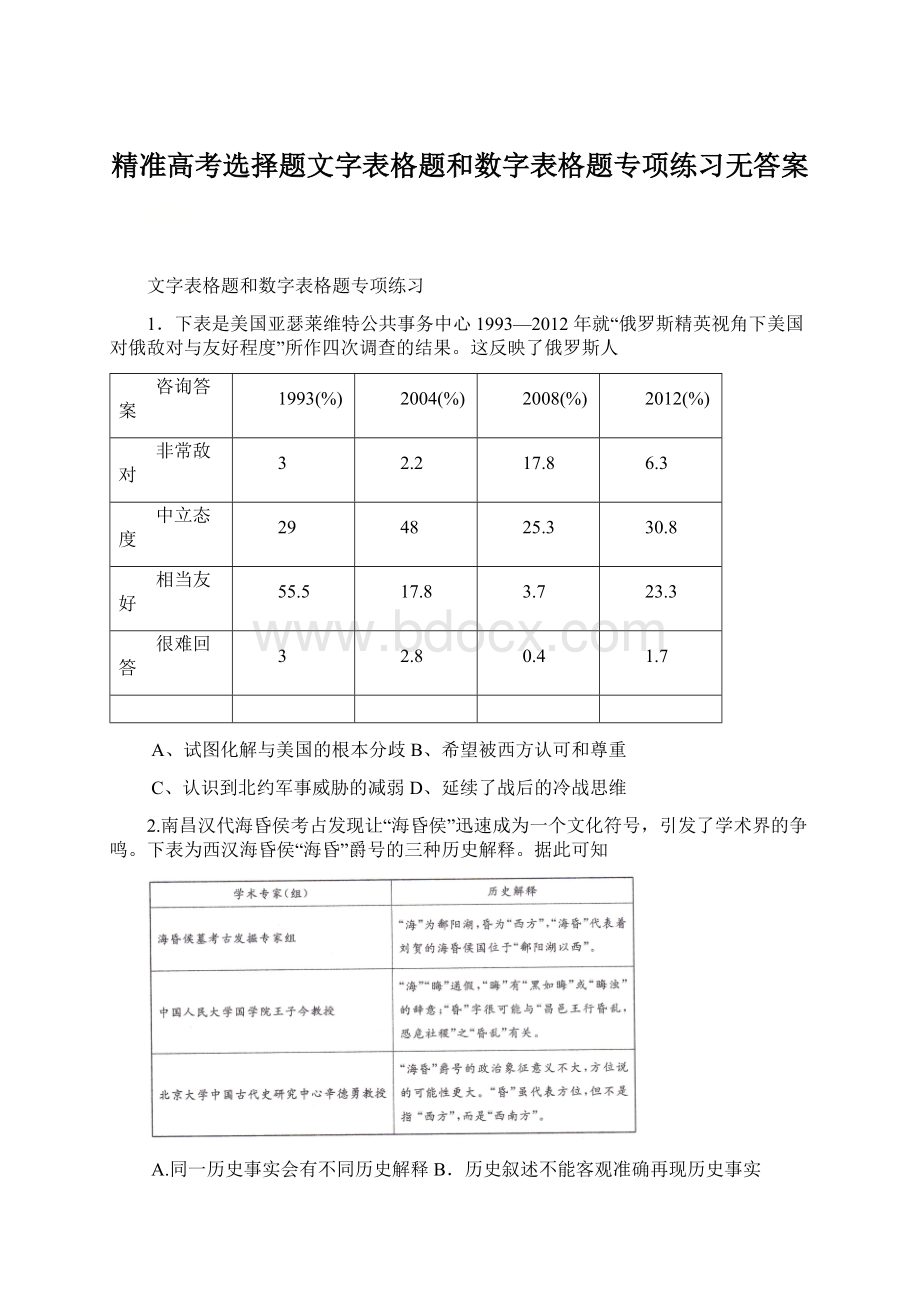 精准高考选择题文字表格题和数字表格题专项练习无答案.docx