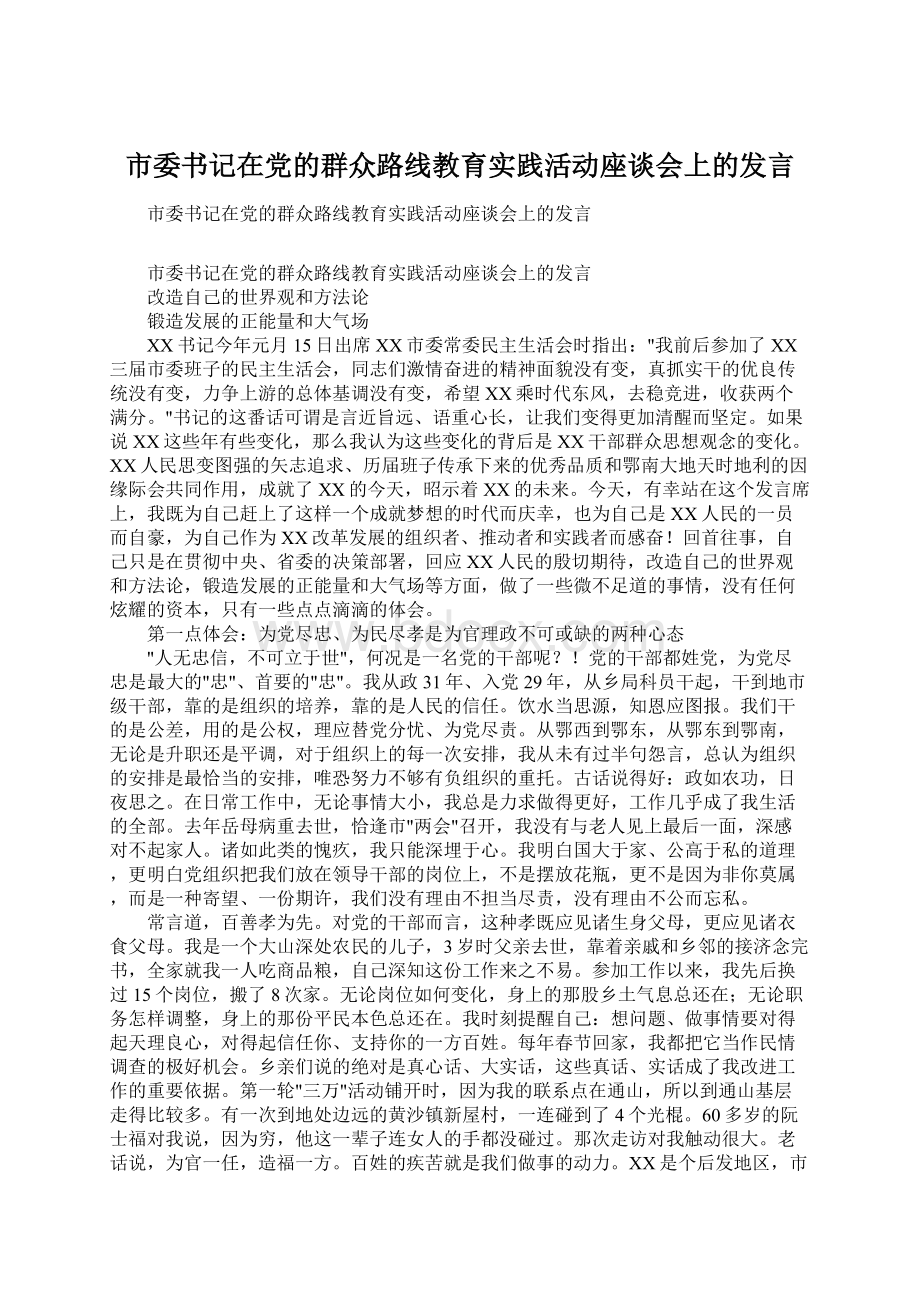 市委书记在党的群众路线教育实践活动座谈会上的发言.docx