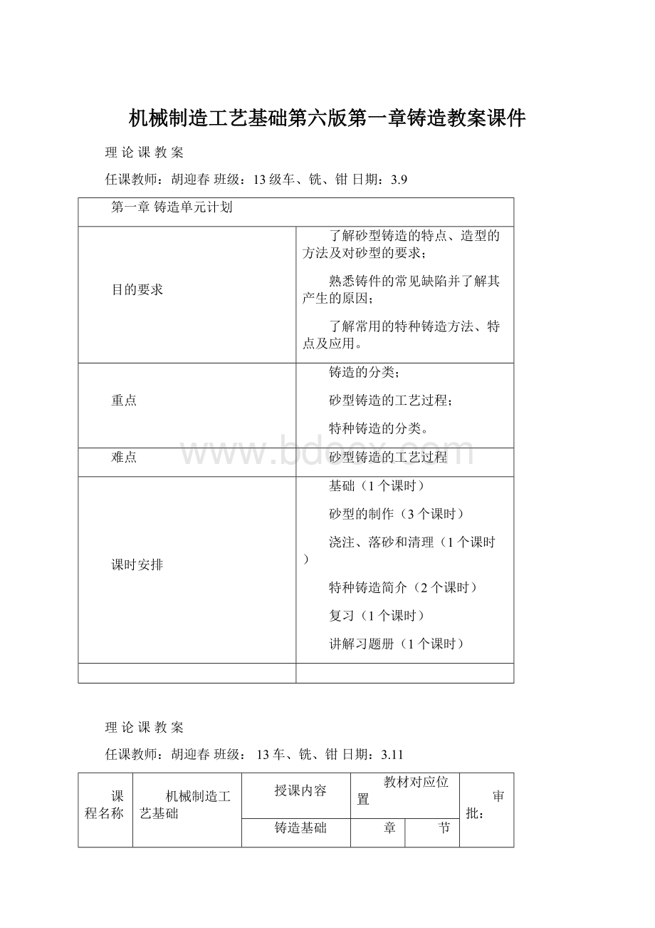 机械制造工艺基础第六版第一章铸造教案课件Word文档格式.docx