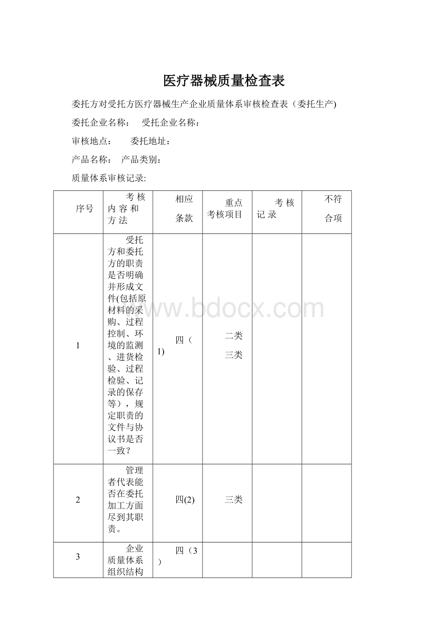 医疗器械质量检查表Word文档格式.docx_第1页