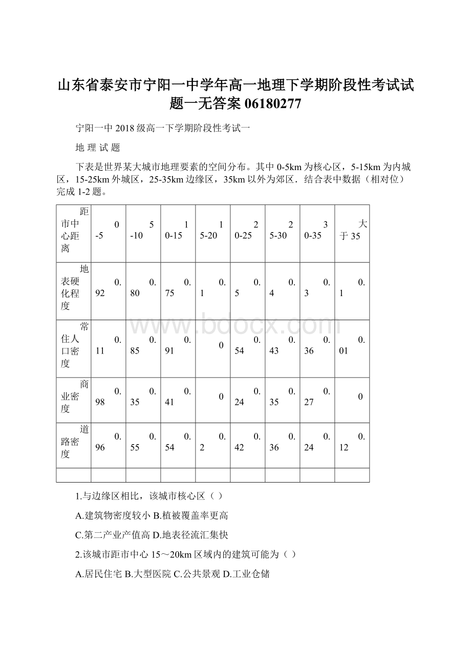 山东省泰安市宁阳一中学年高一地理下学期阶段性考试试题一无答案06180277.docx_第1页