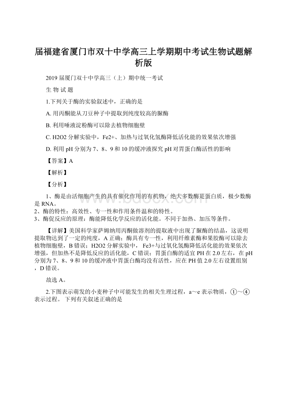 届福建省厦门市双十中学高三上学期期中考试生物试题解析版.docx_第1页