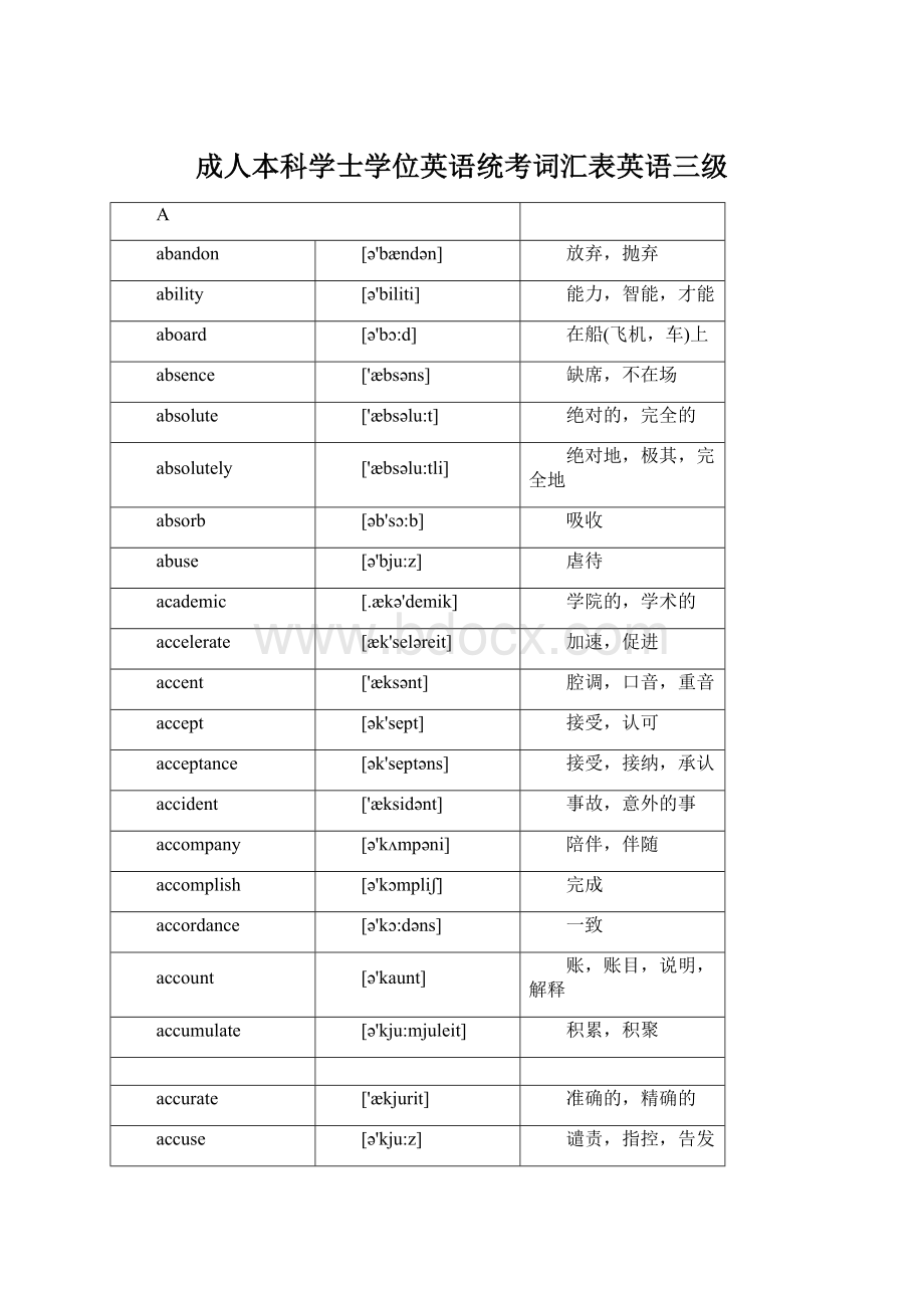 成人本科学士学位英语统考词汇表英语三级.docx