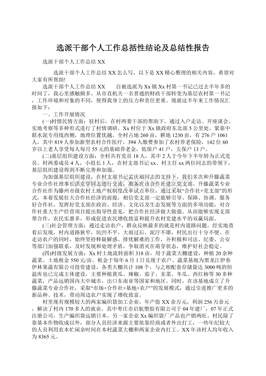 选派干部个人工作总括性结论及总结性报告Word文档下载推荐.docx_第1页