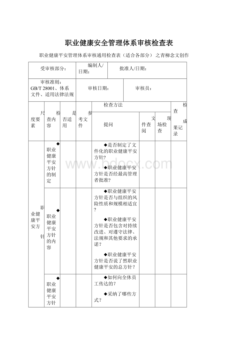 职业健康安全管理体系审核检查表Word格式文档下载.docx_第1页