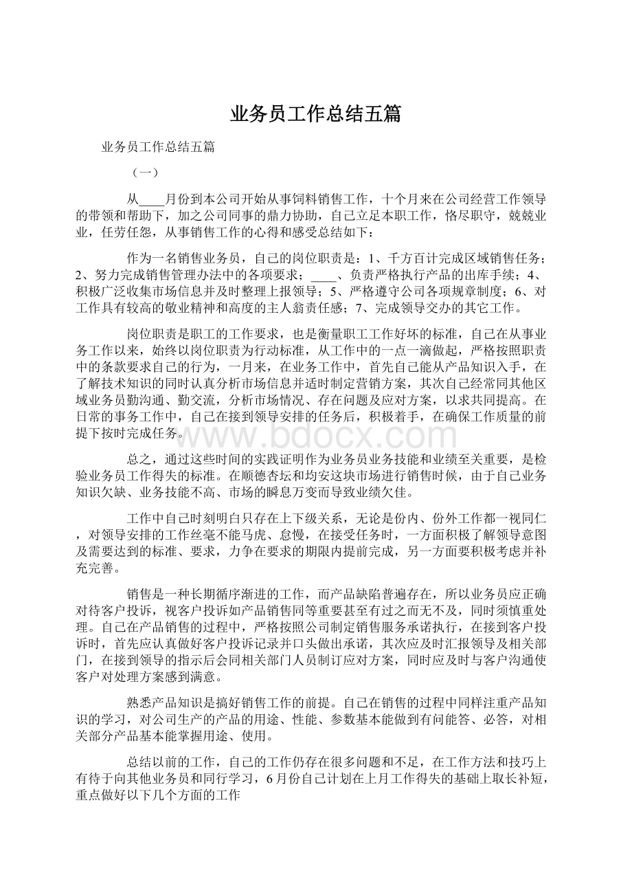 业务员工作总结五篇Word下载.docx