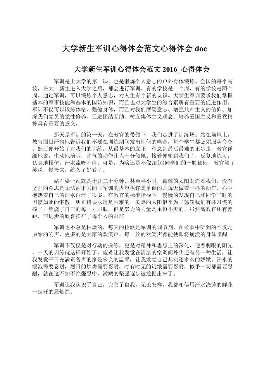 大学新生军训心得体会范文心得体会docWord格式文档下载.docx_第1页