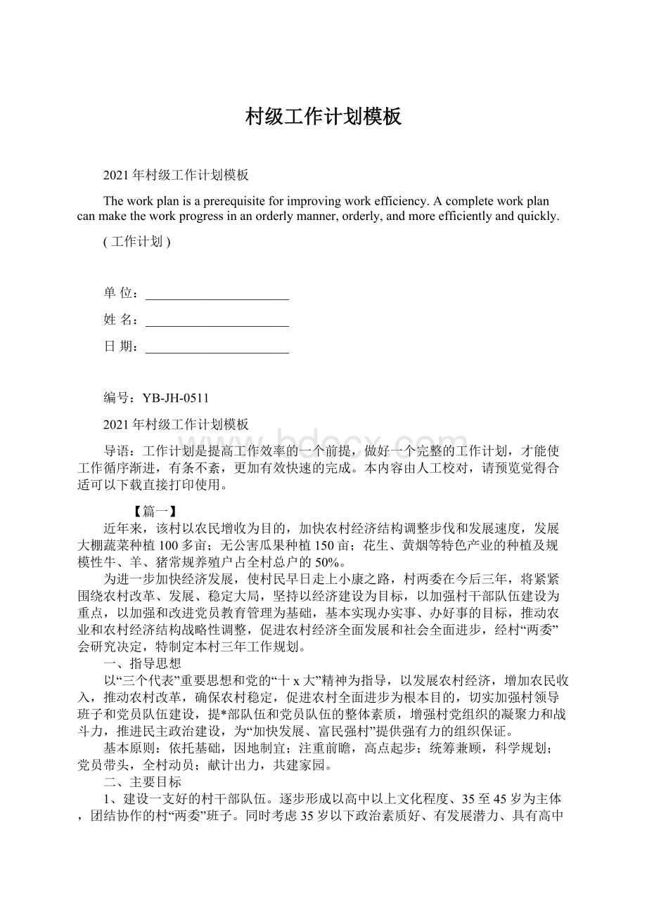 村级工作计划模板Word文件下载.docx