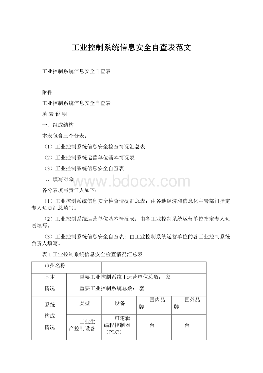 工业控制系统信息安全自查表范文Word文档格式.docx_第1页