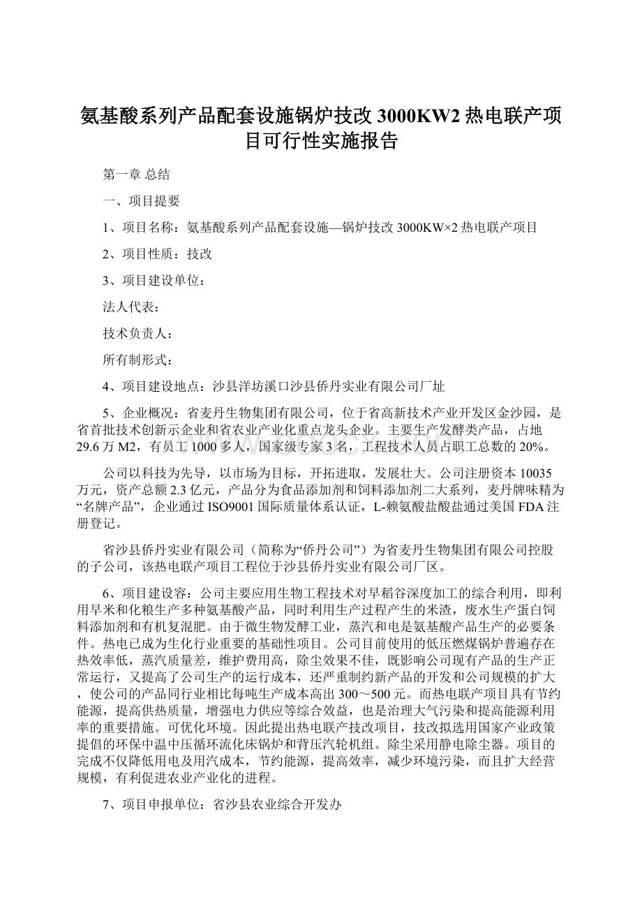 氨基酸系列产品配套设施锅炉技改3000KW2热电联产项目可行性实施报告.docx