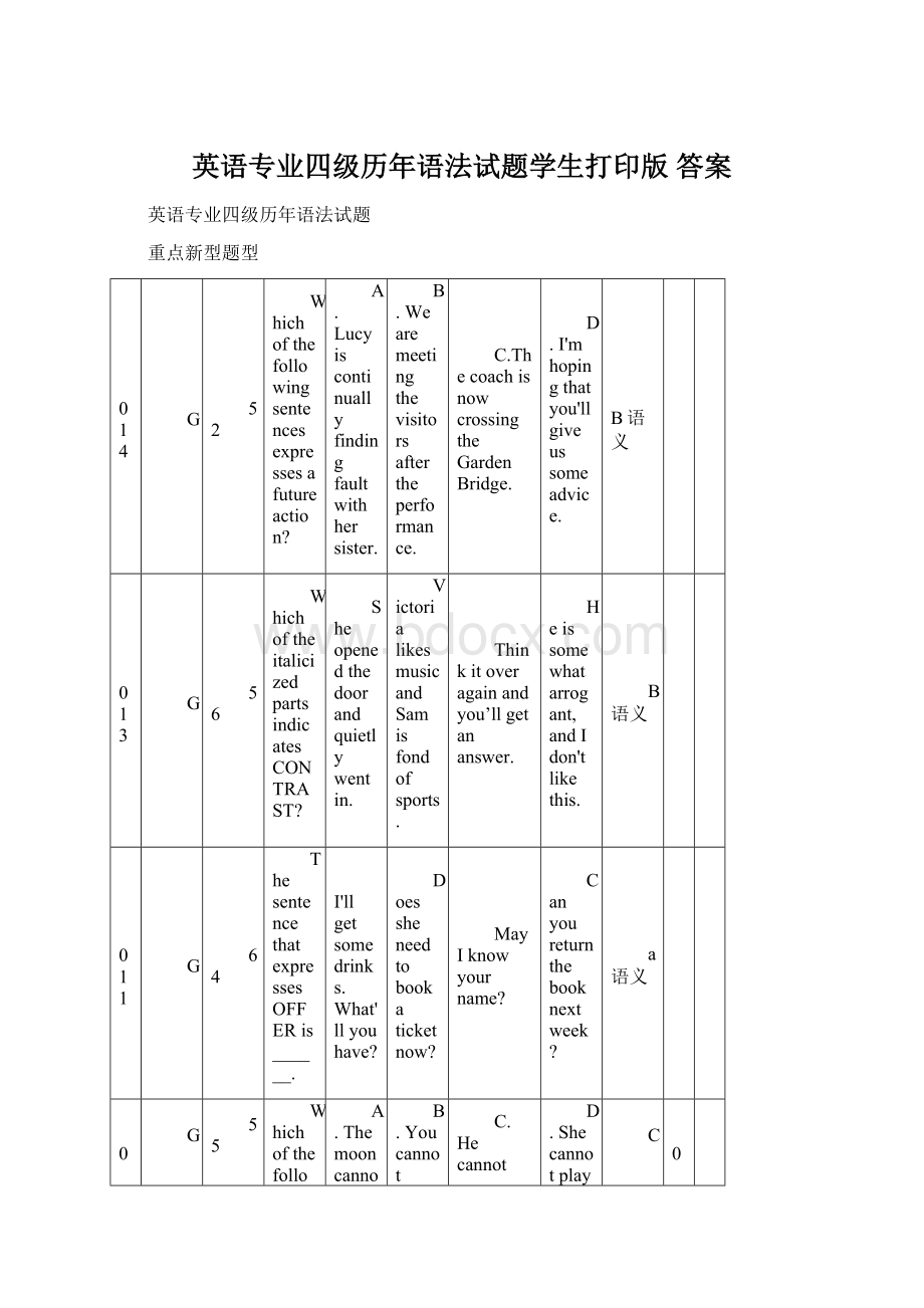 英语专业四级历年语法试题学生打印版答案.docx_第1页