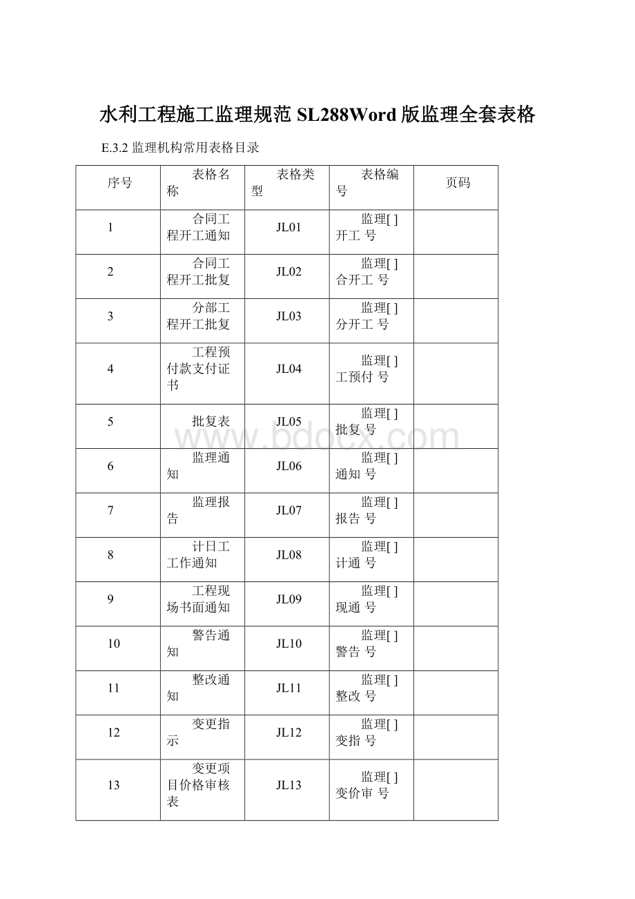 水利工程施工监理规范SL288Word版监理全套表格Word文件下载.docx