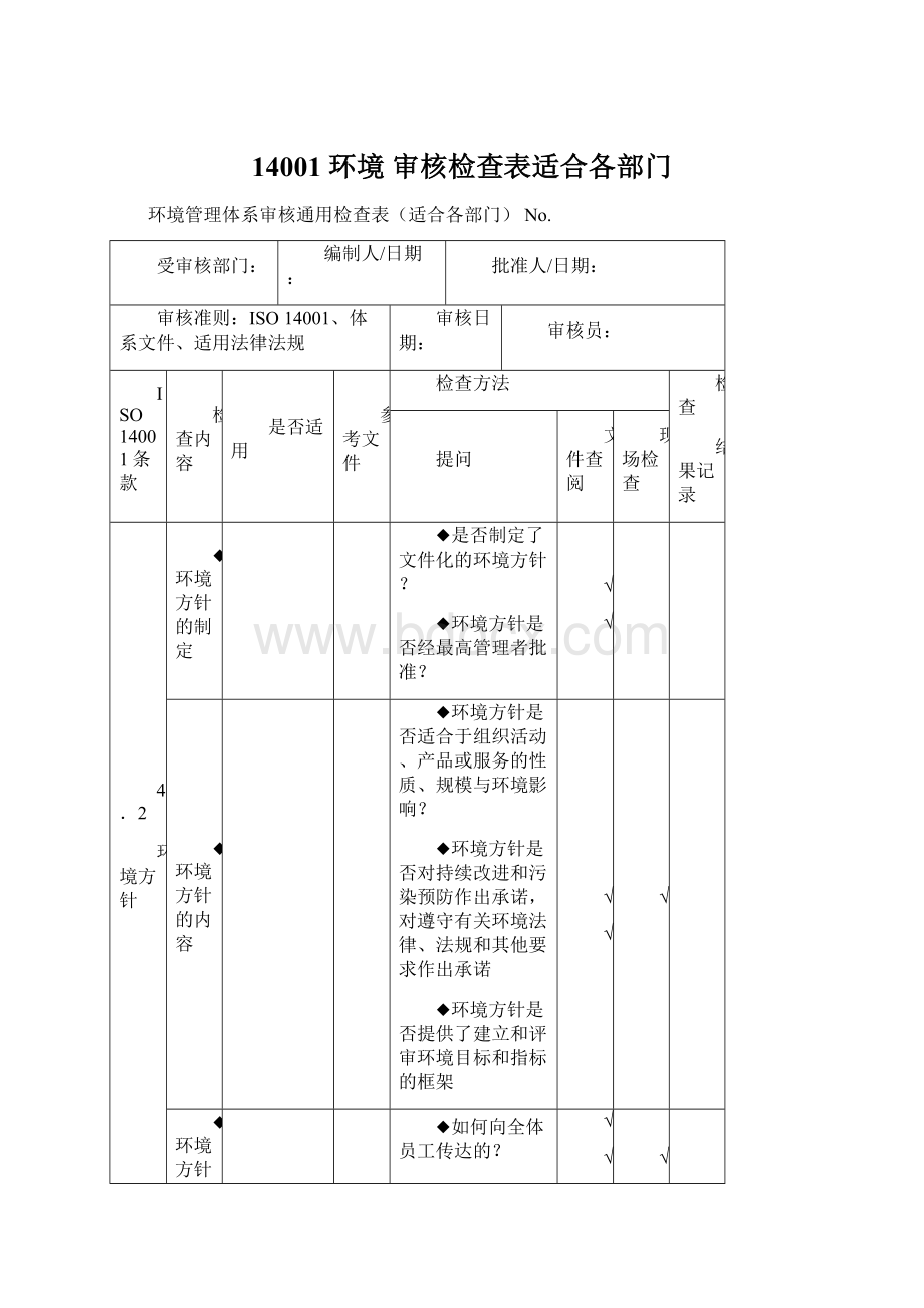 14001 环境 审核检查表适合各部门.docx_第1页