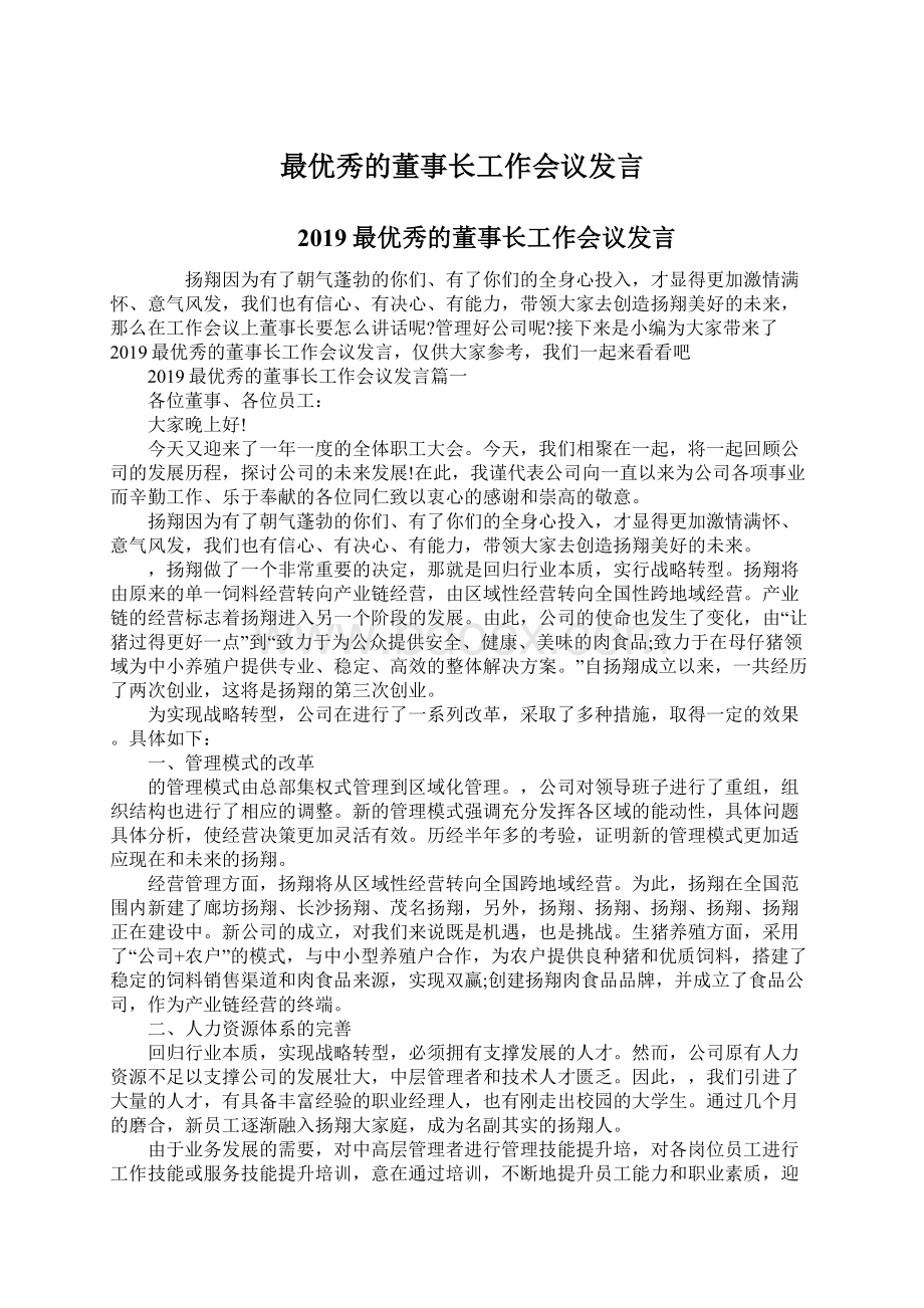 最优秀的董事长工作会议发言Word文件下载.docx