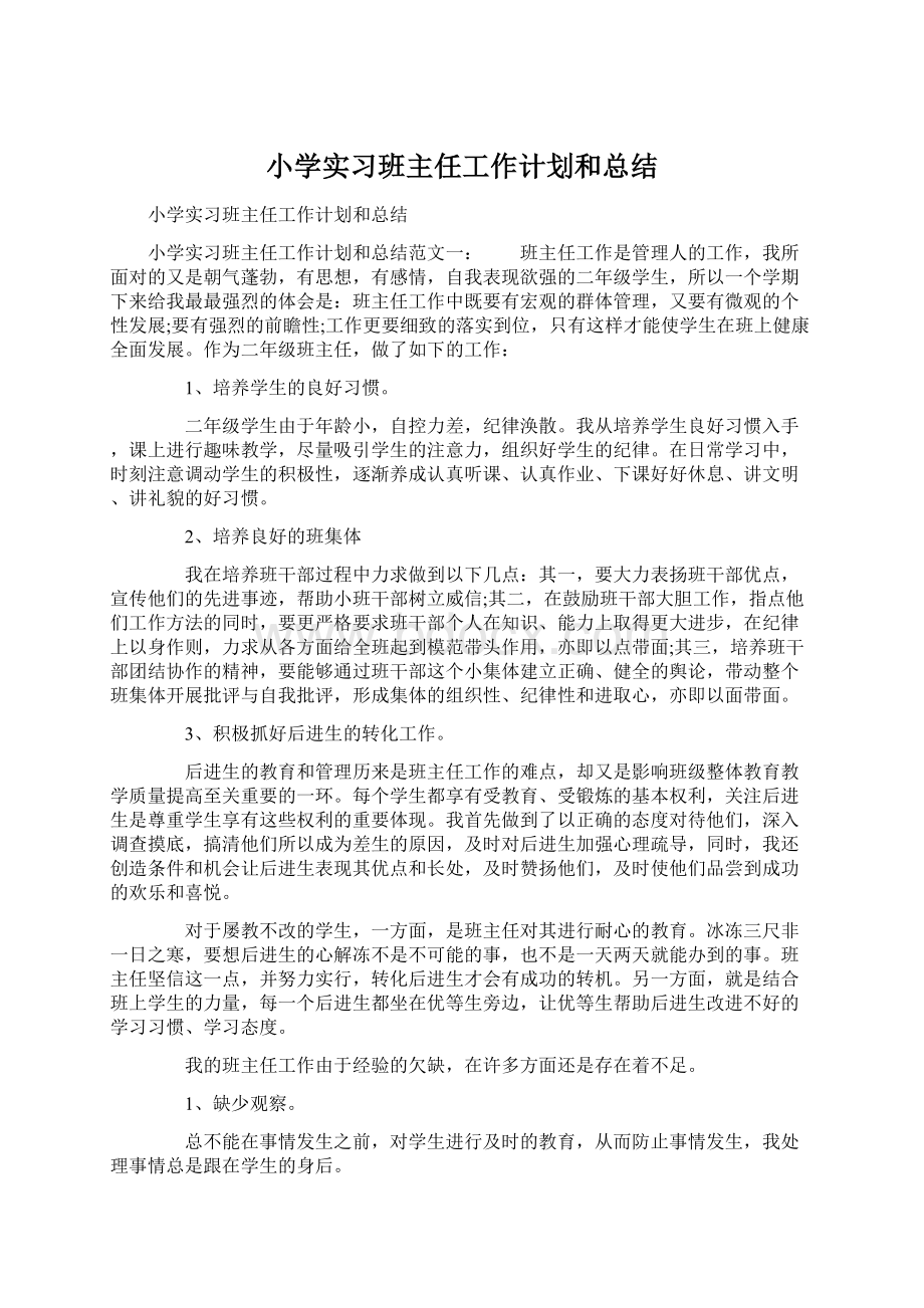 小学实习班主任工作计划和总结Word格式.docx