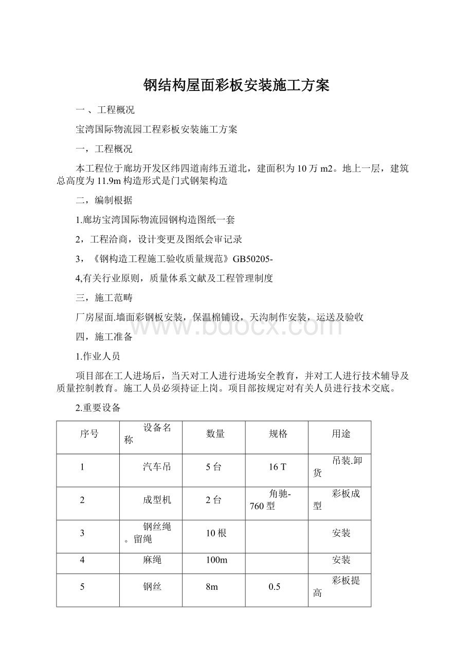 钢结构屋面彩板安装施工方案.docx_第1页