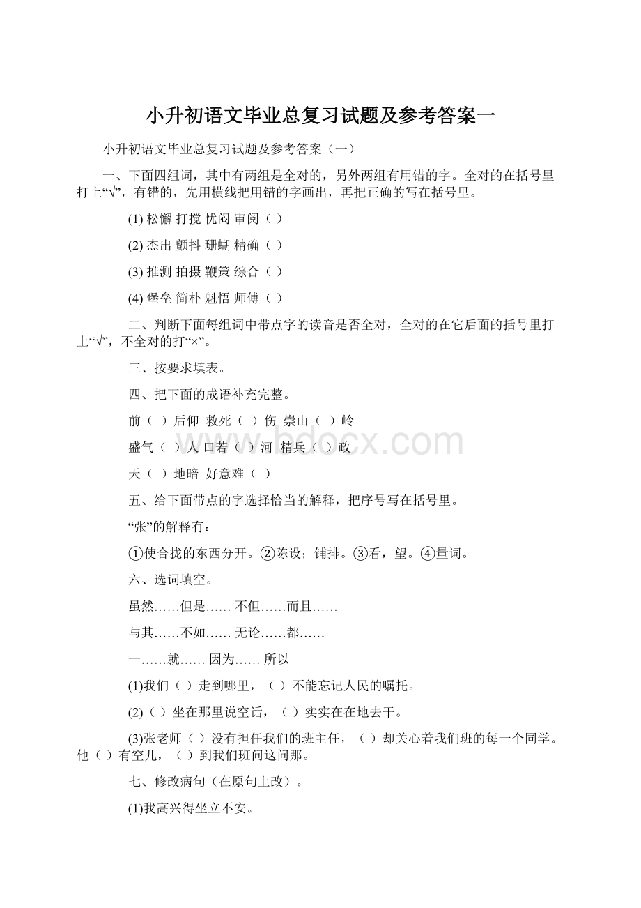 小升初语文毕业总复习试题及参考答案一文档格式.docx_第1页