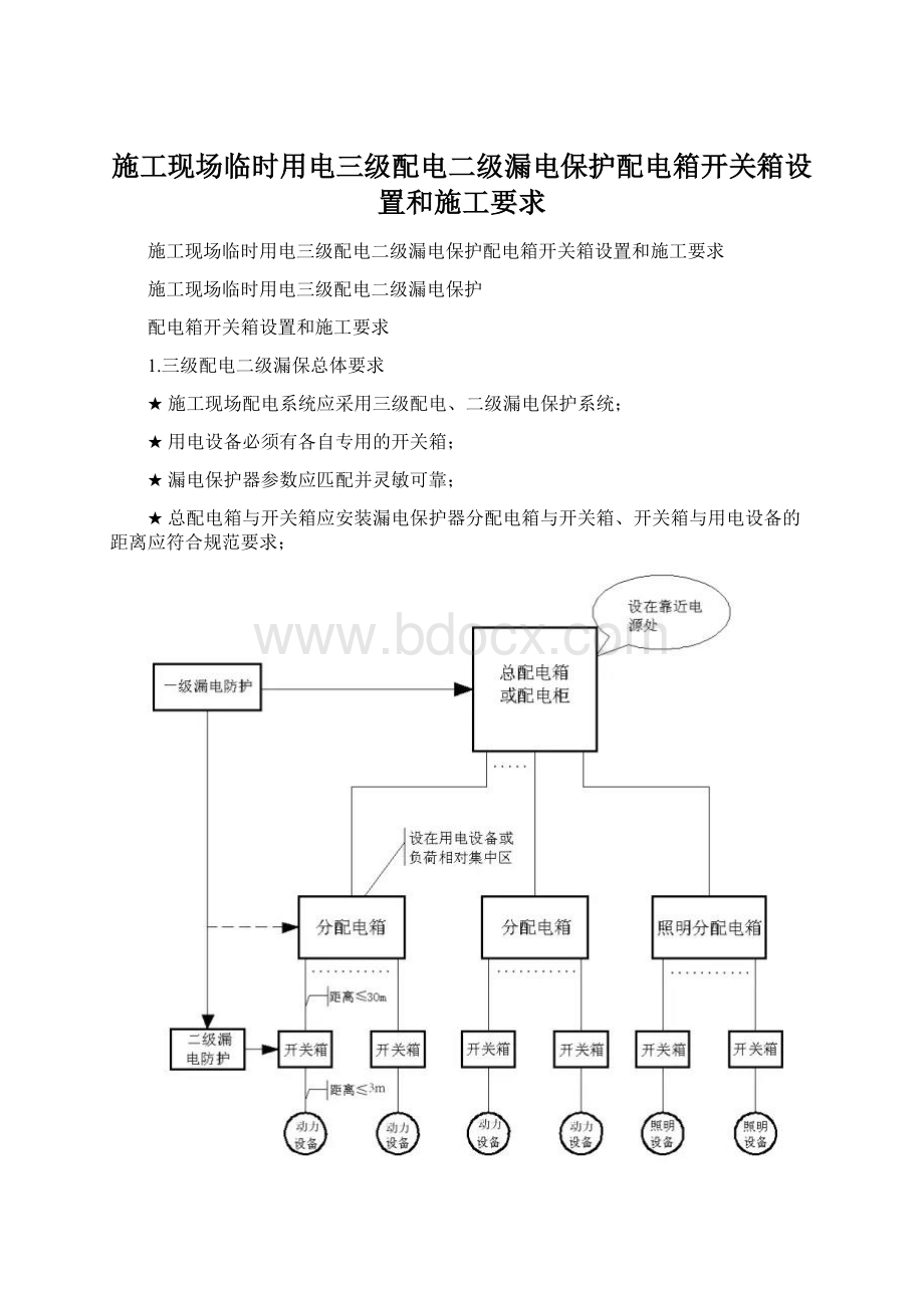 施工现场临时用电三级配电二级漏电保护配电箱开关箱设置和施工要求Word格式.docx