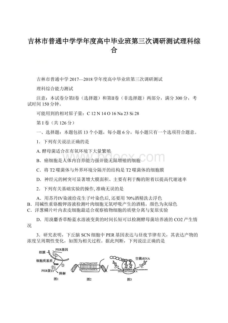 吉林市普通中学学年度高中毕业班第三次调研测试理科综合文档格式.docx_第1页