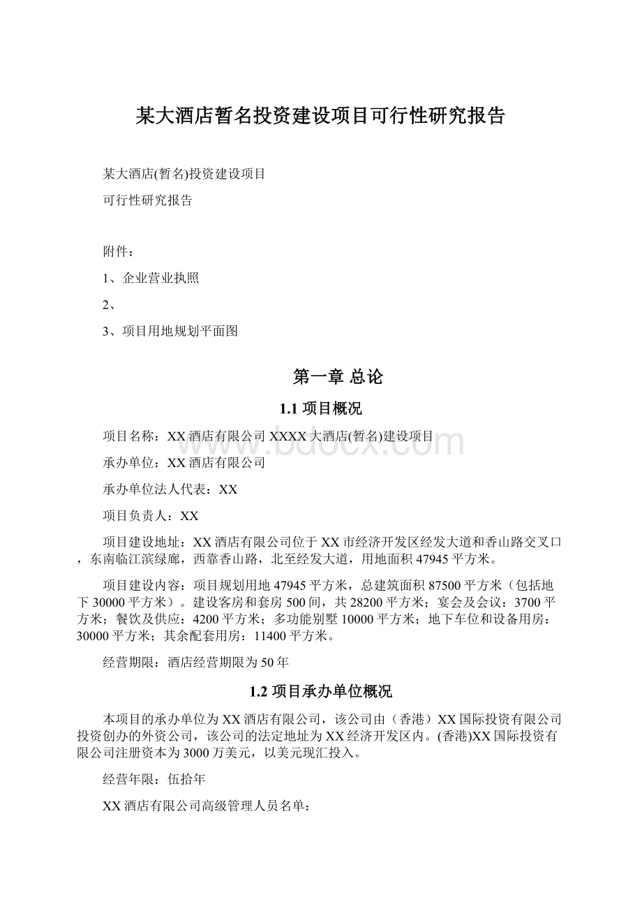 某大酒店暂名投资建设项目可行性研究报告.docx