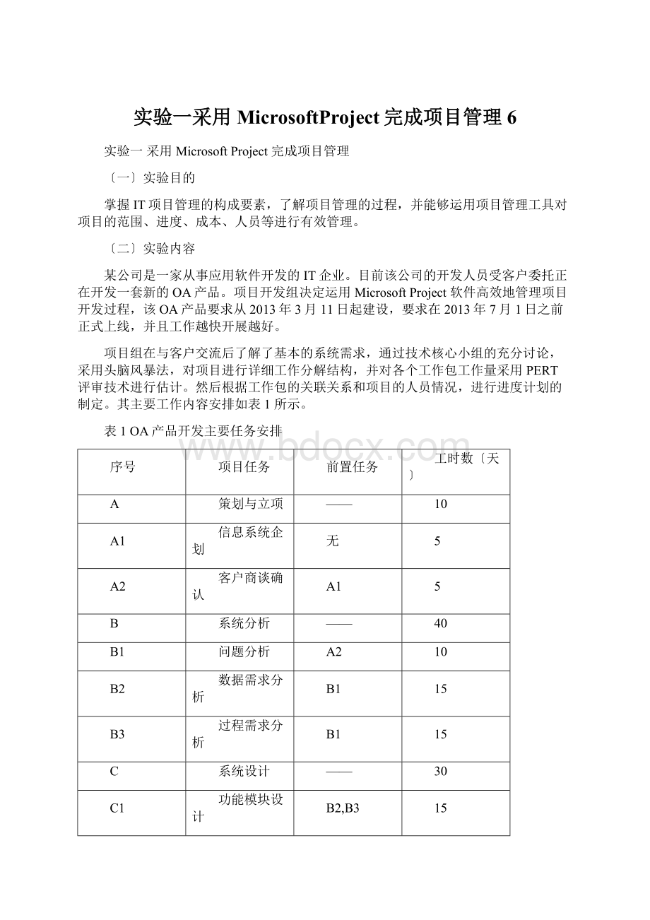 实验一采用MicrosoftProject完成项目管理6Word文件下载.docx