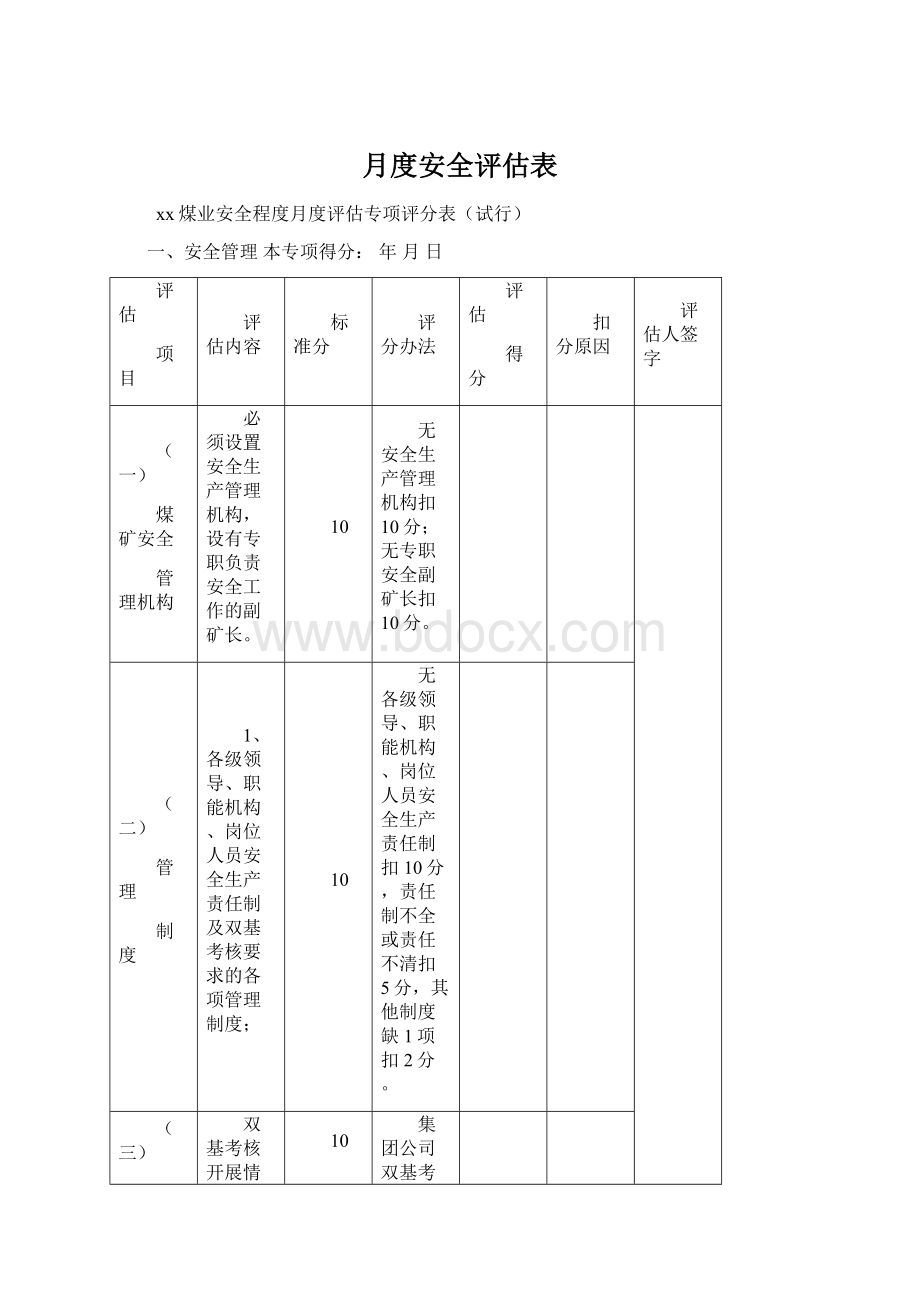 月度安全评估表Word文档下载推荐.docx