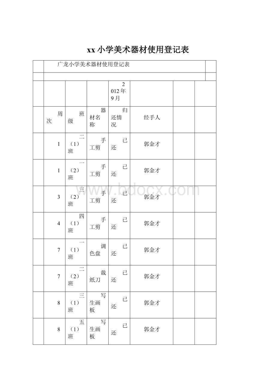 xx小学美术器材使用登记表Word下载.docx_第1页