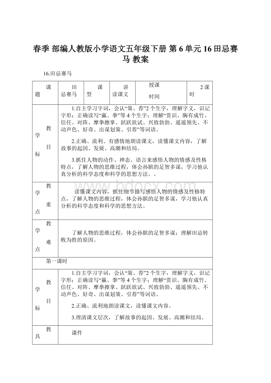 春季 部编人教版小学语文五年级下册 第6单元 16田忌赛马 教案.docx_第1页