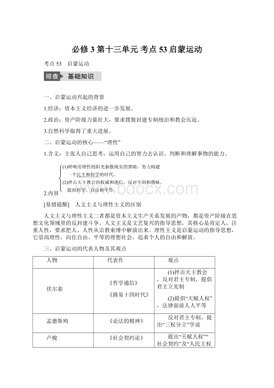 必修3 第十三单元 考点53启蒙运动Word文档下载推荐.docx_第1页