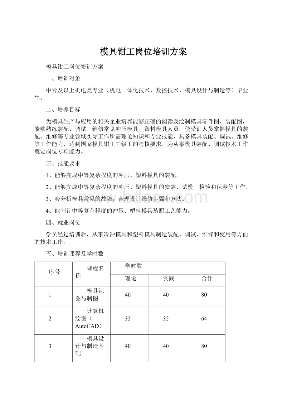 模具钳工岗位培训方案Word文档下载推荐.docx_第1页