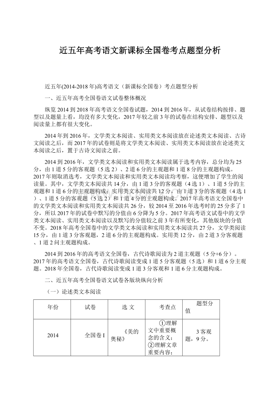 近五年高考语文新课标全国卷考点题型分析.docx