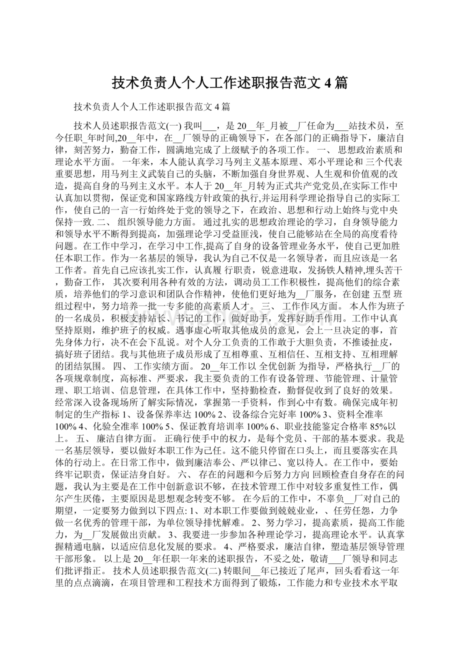 技术负责人个人工作述职报告范文4篇.docx_第1页