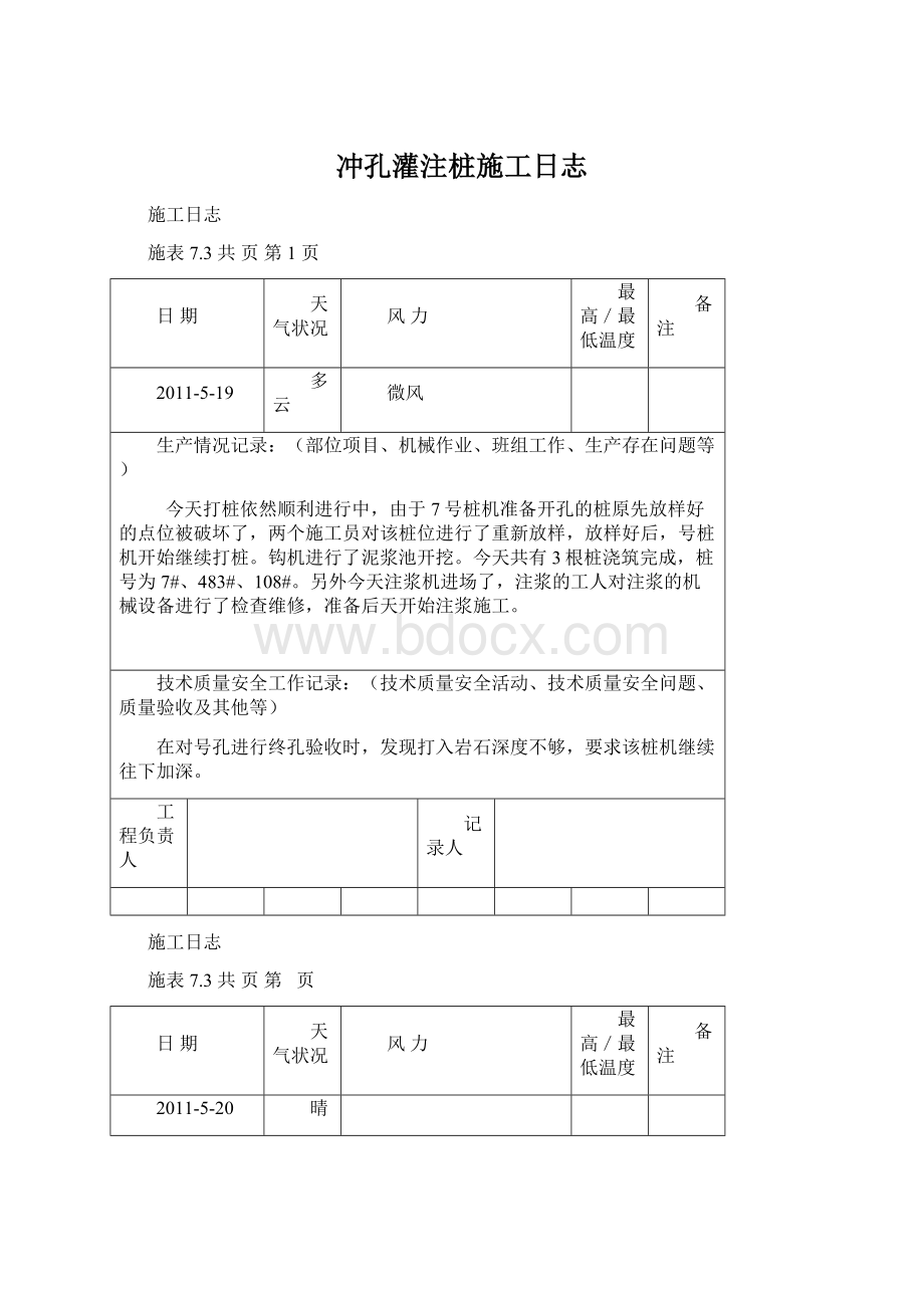 冲孔灌注桩施工日志.docx_第1页