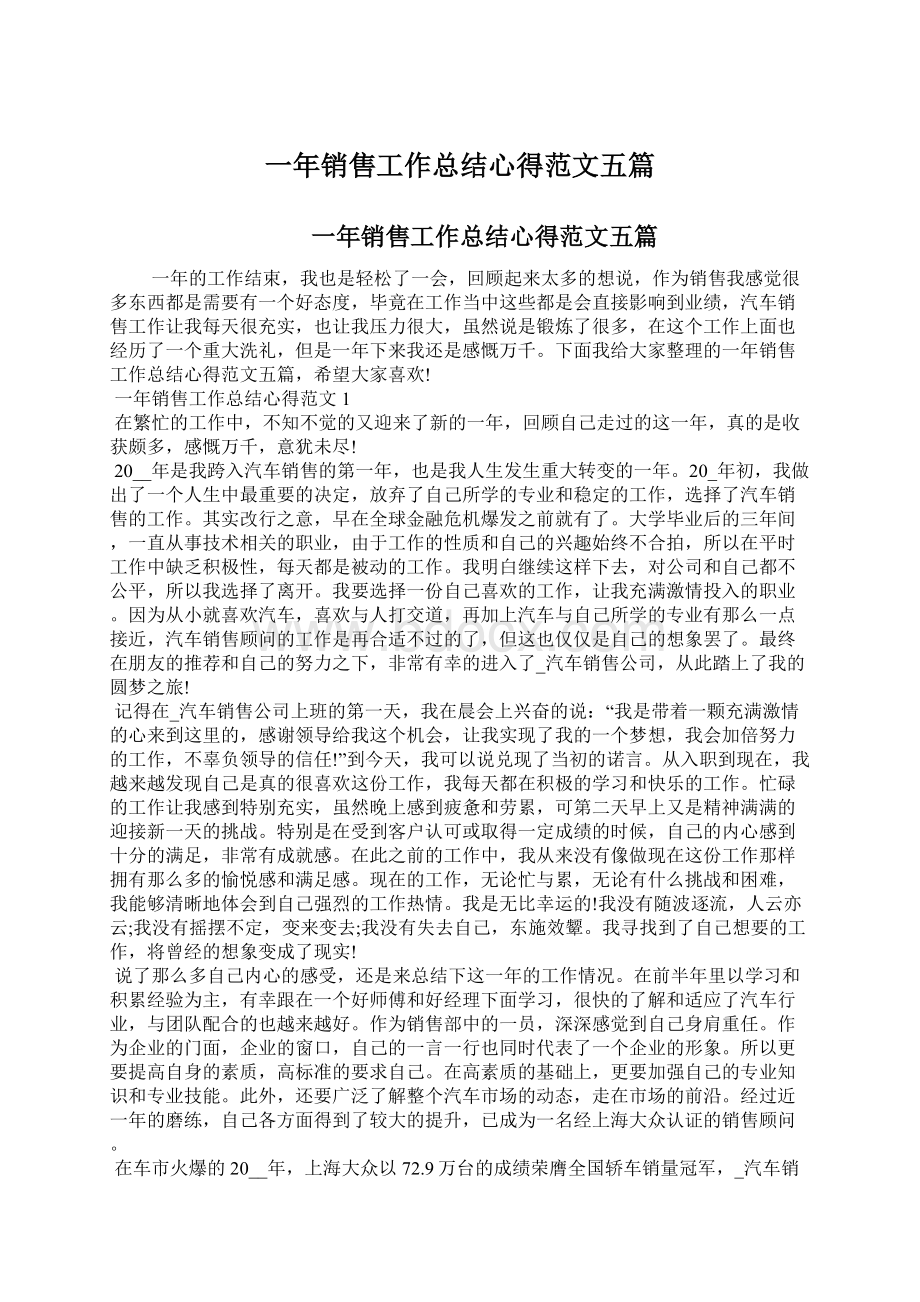 一年销售工作总结心得范文五篇Word文档下载推荐.docx