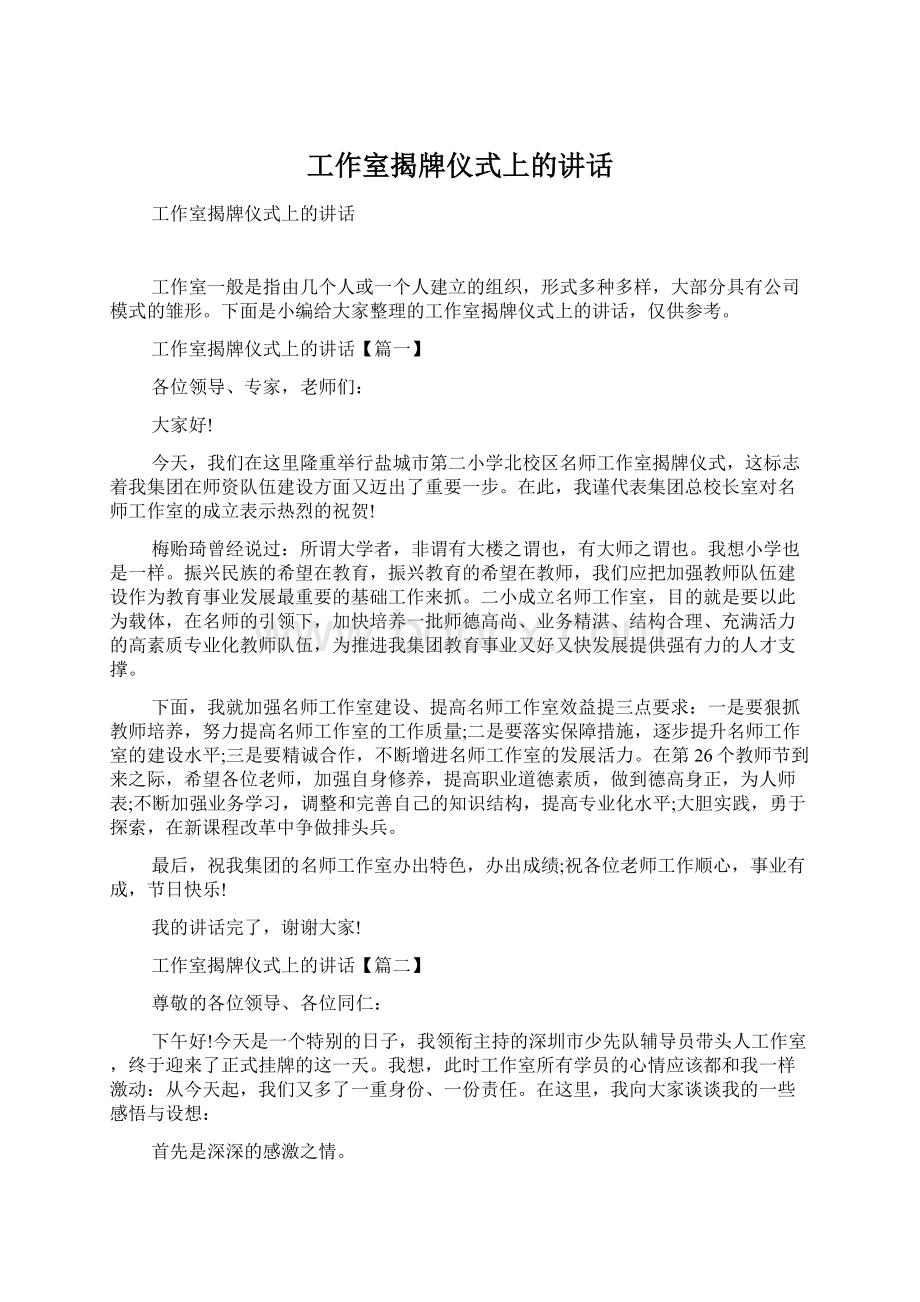 工作室揭牌仪式上的讲话Word文档下载推荐.docx_第1页