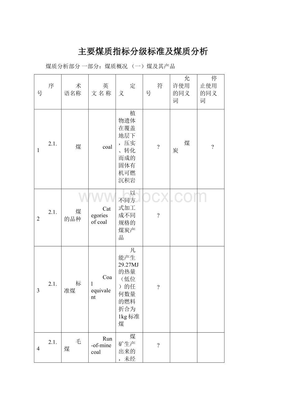 主要煤质指标分级标准及煤质分析Word文件下载.docx