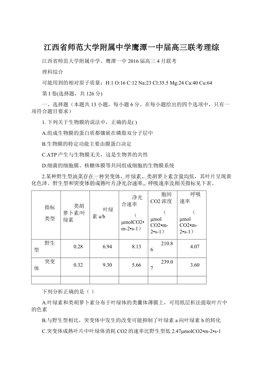 江西省师范大学附属中学鹰潭一中届高三联考理综.docx_第1页