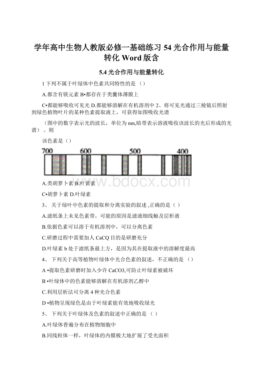 学年高中生物人教版必修一基础练习54光合作用与能量转化Word版含.docx