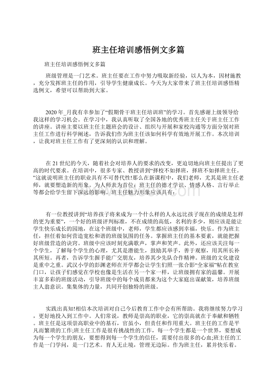 班主任培训感悟例文多篇Word格式文档下载.docx