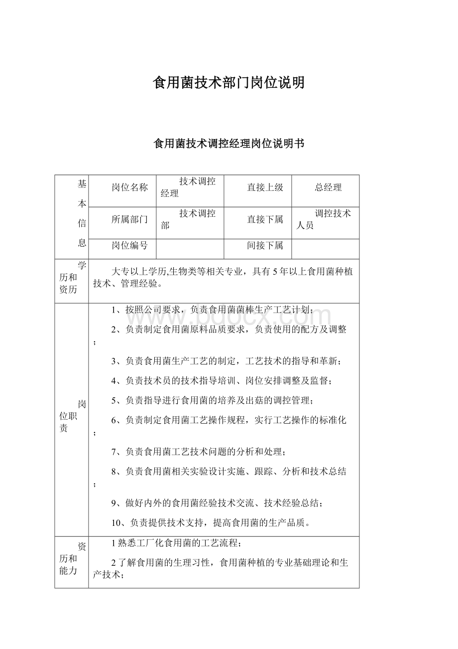 食用菌技术部门岗位说明Word文档格式.docx