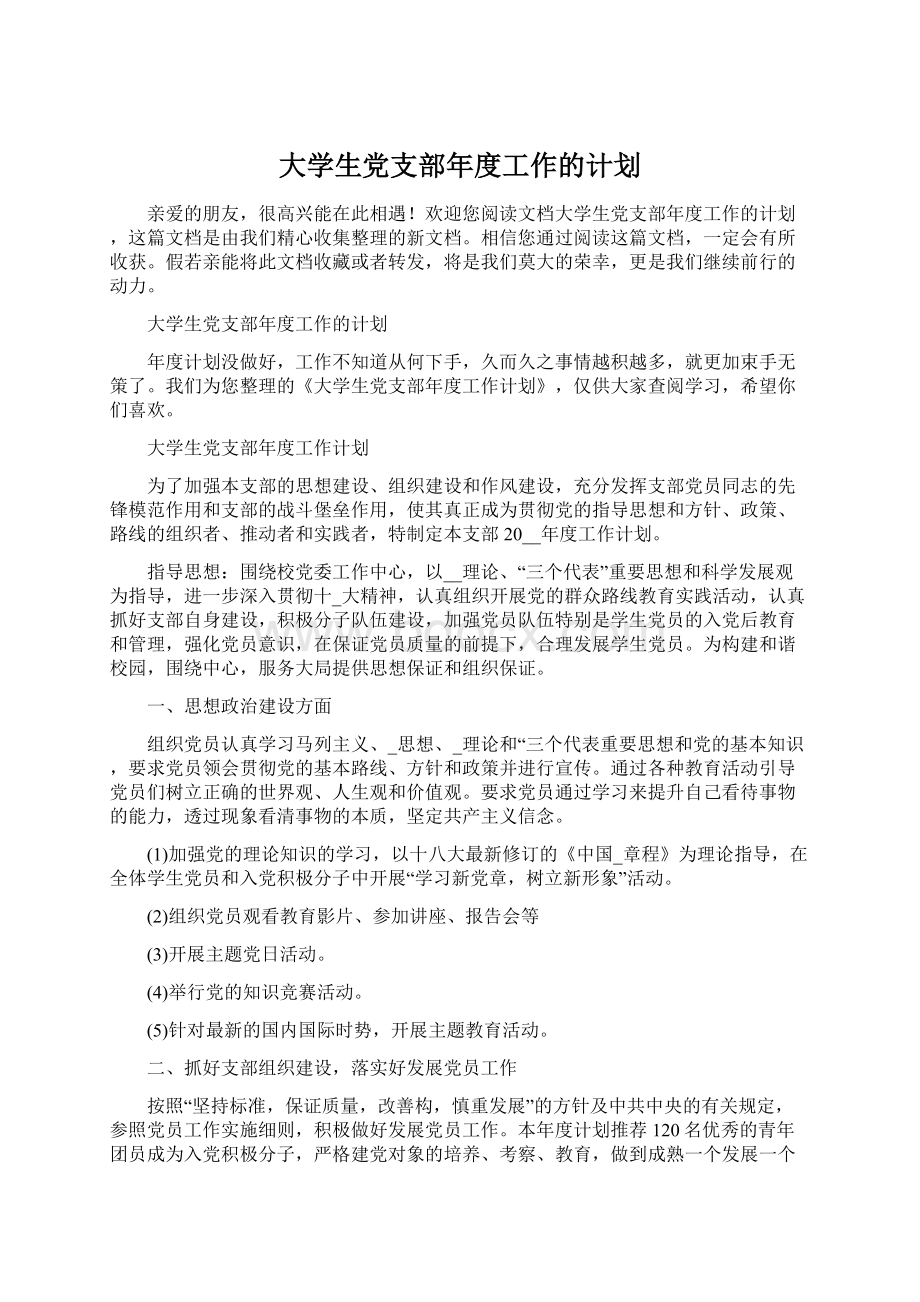 大学生党支部年度工作的计划Word文档下载推荐.docx