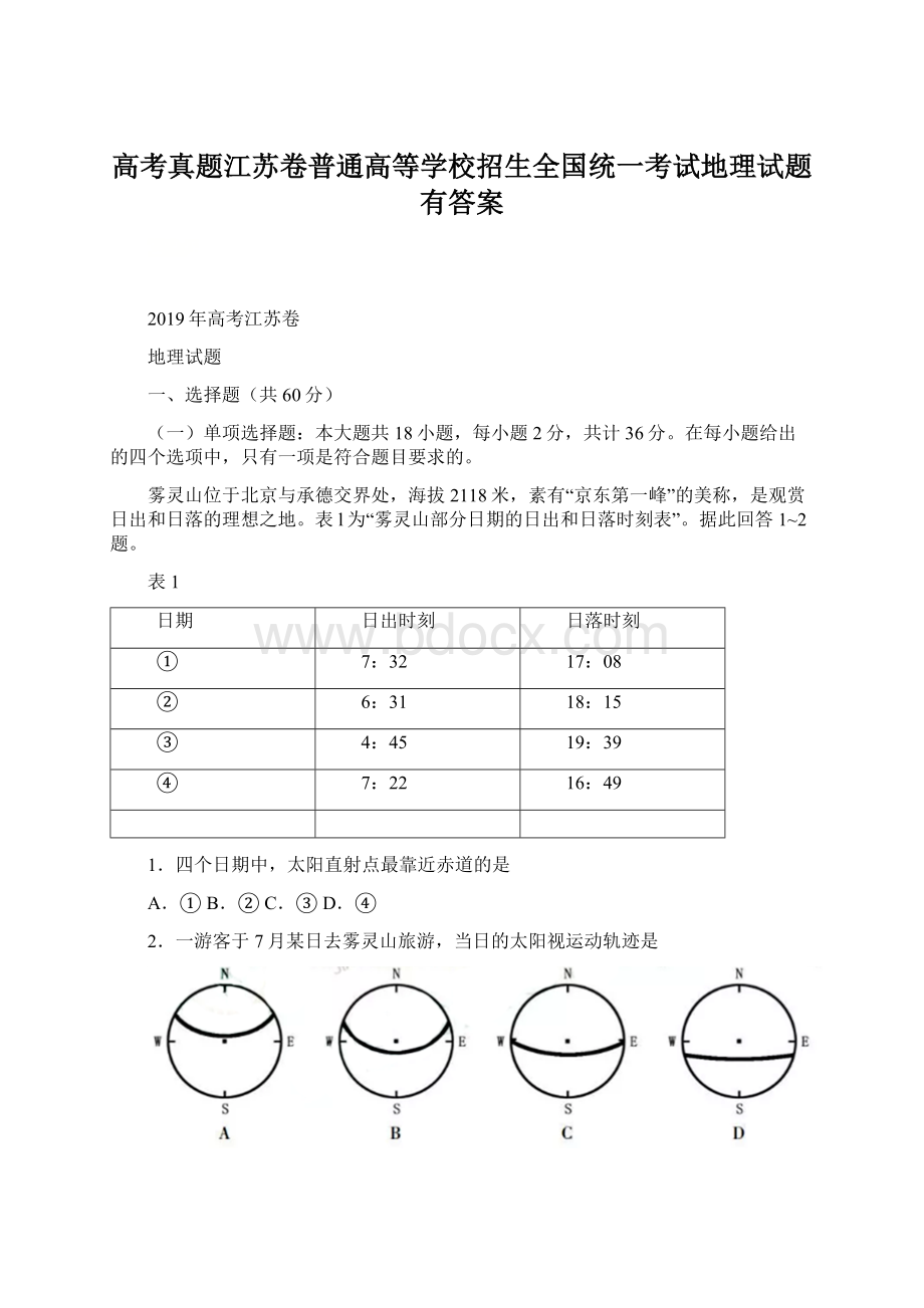 高考真题江苏卷普通高等学校招生全国统一考试地理试题有答案.docx_第1页