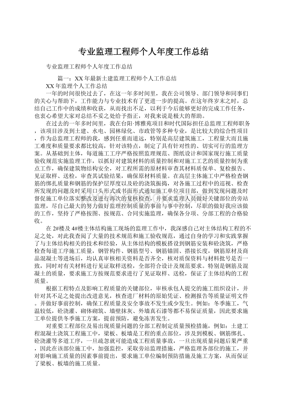 专业监理工程师个人年度工作总结.docx_第1页