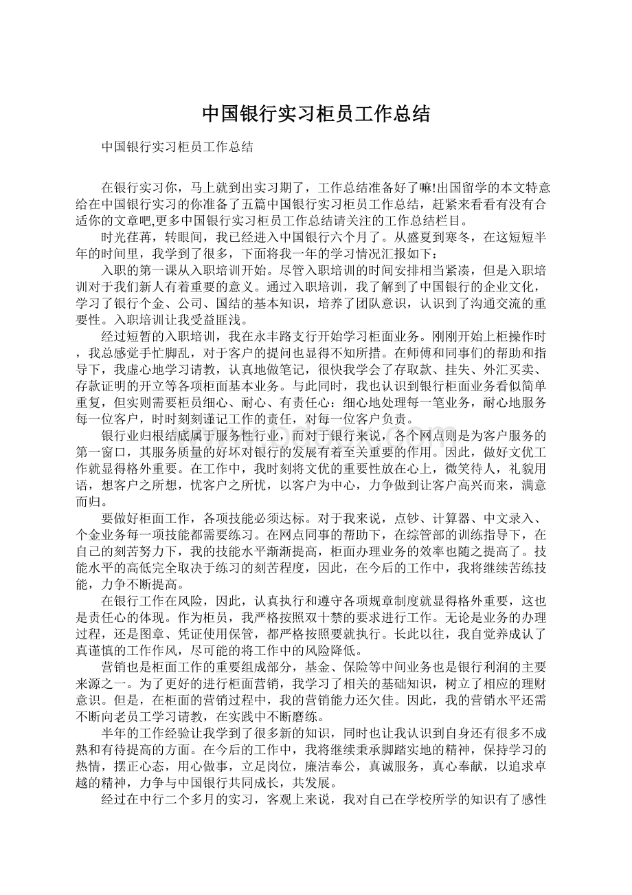 中国银行实习柜员工作总结.docx