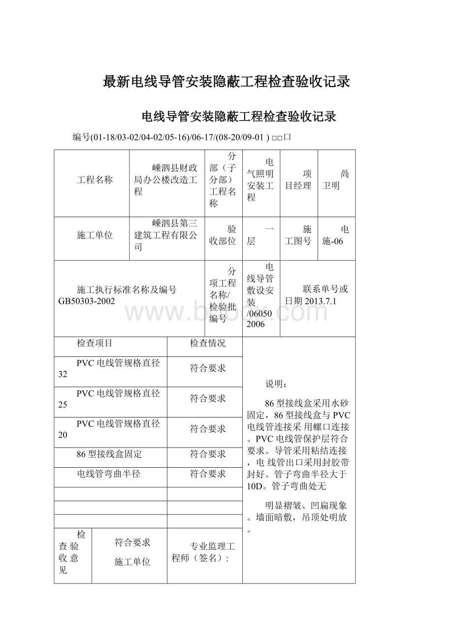 最新电线导管安装隐蔽工程检查验收记录文档格式.docx